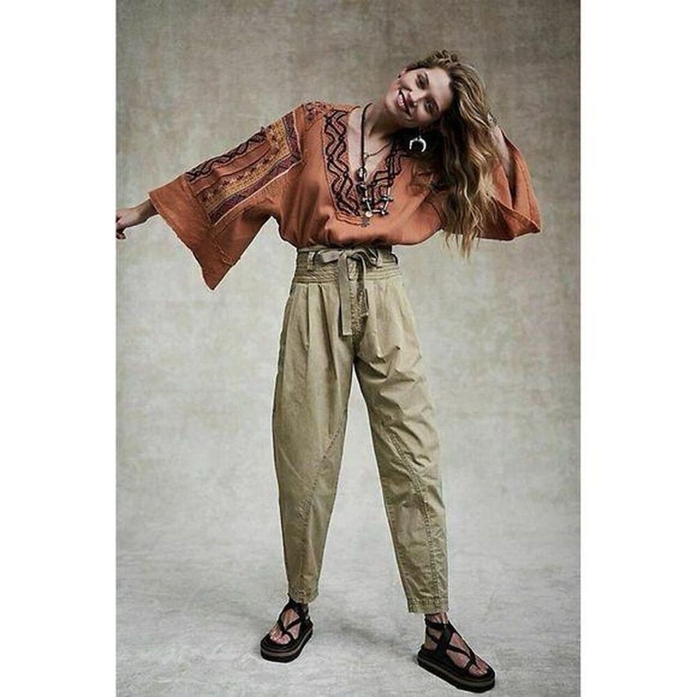 Free People Isadora Cinch Pants Womens 0 Khaki Tan High Rise Tie Waist Tappered